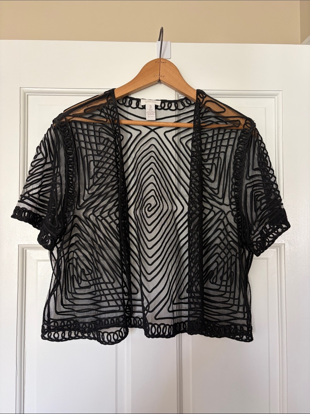 NWOT Chico’s Black Sheer Geo Patterned Short-Sleeve jacket